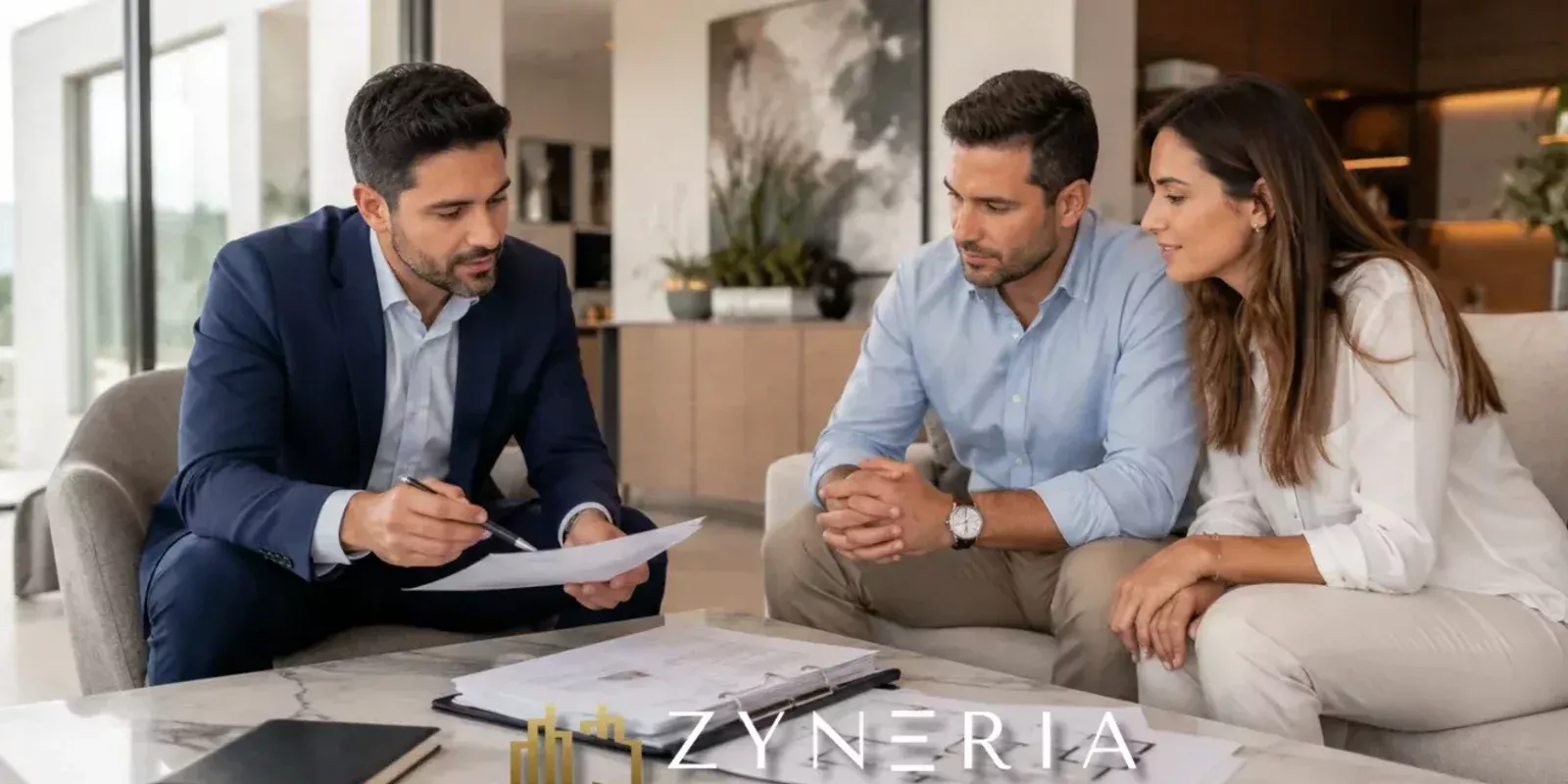 Propietarios consultando la comisión inmobiliaria para vender una propiedad en Lima